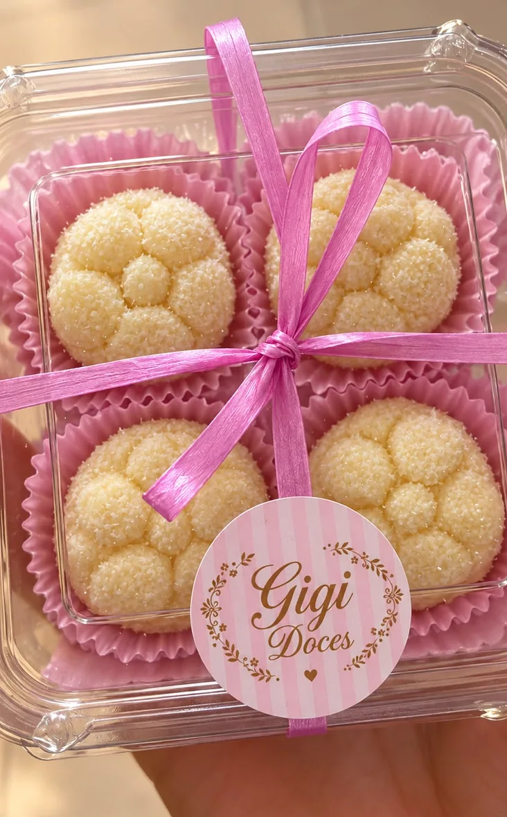 Caixa de brigadeiros com fita rosa e etiqueta Gigi Doces